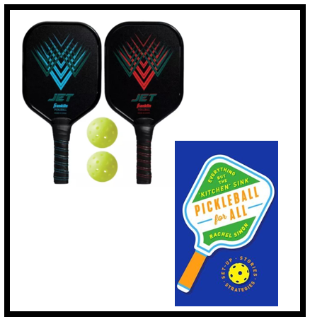 Two Franklin JET Pickleball paddles, two balls and the "Everything But the Kitchen Sink Pickleball for All" book, by Rachel Simon