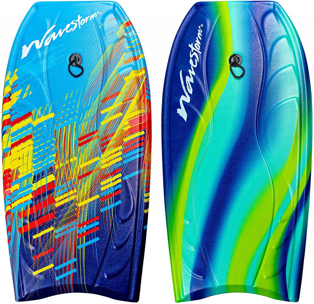 Wavestorm Bodyboards (one is colored red/blue/yellow and the other is colored light blue/dark blue/lime green)