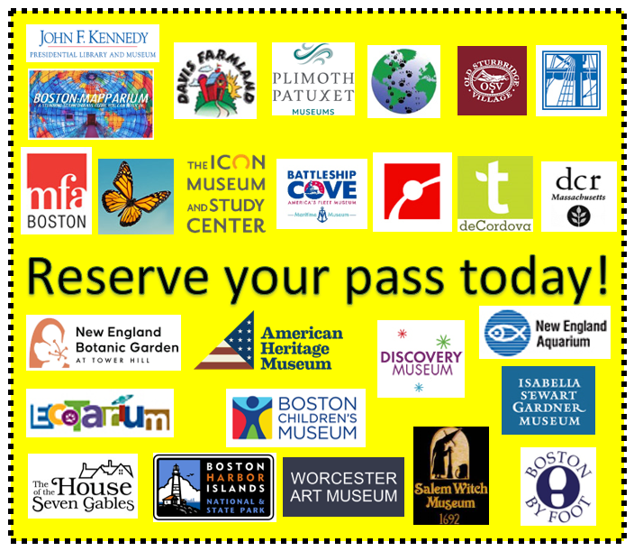 Logos to all 26 local museums and attractions that we have discount passes for (John F. Kennedy Presidential Library and Museum, Boston Mapparium, Davis Farmland, Plimoth Patuxet Museums, Animal Adventures, Old Sturbridge Village, USS Constitution Museum, Museum of Fine Arts, The Butterfly Place, The Icon Museum and Study Center, Battleship Cove, Museum of Science, Trustees of Reservations, Mass Parks Pass, New England Botanic Garden at Tower Hill, American Heritage Museum, Discovery Museum, New England Aquarium, EcoTarium, Boston Children's Museum, Isabella Stewart Gardner Museum, The House of the Seven Gables, Boston Harbor Islands Ferry, Worcester Art Museum, Salem Witch Museum, and Boston by Foot).