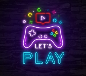 "Let's Play" (with a neon sign-looking game controller)