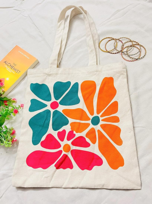 Hand-painted flowers on a canvas bag