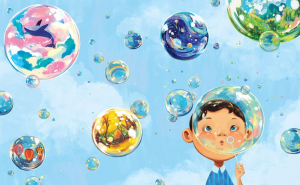 Illustration of different sized, colorful bubbles being blown by a little boy