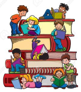 illustration of kids reading on a stack of giant books