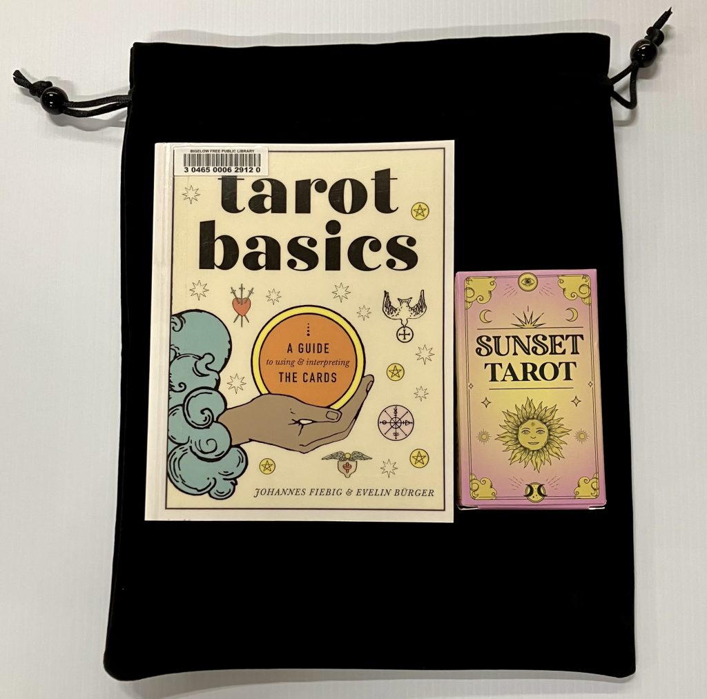 Tarot Basics book with Sunset Tarot cards with a black velvet drawstring pouch