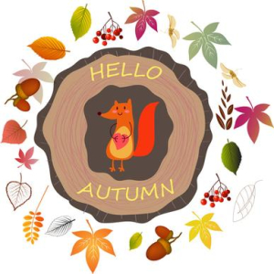 A wreath of colorful autumn leaves, with a fox holding a heart, and the words "Hello Autumn" in the center