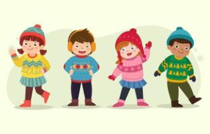 Four cartoon kids wearing winter sweaters and accessories (hats, mittens, earmuffs, etc.)